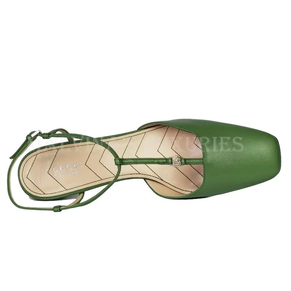 GUCCI SHOES T-STRAP GREEN LEATHER DOUBLE G LOGO SLINGBACK PUMPS 40 10 - Picture 11 of 16